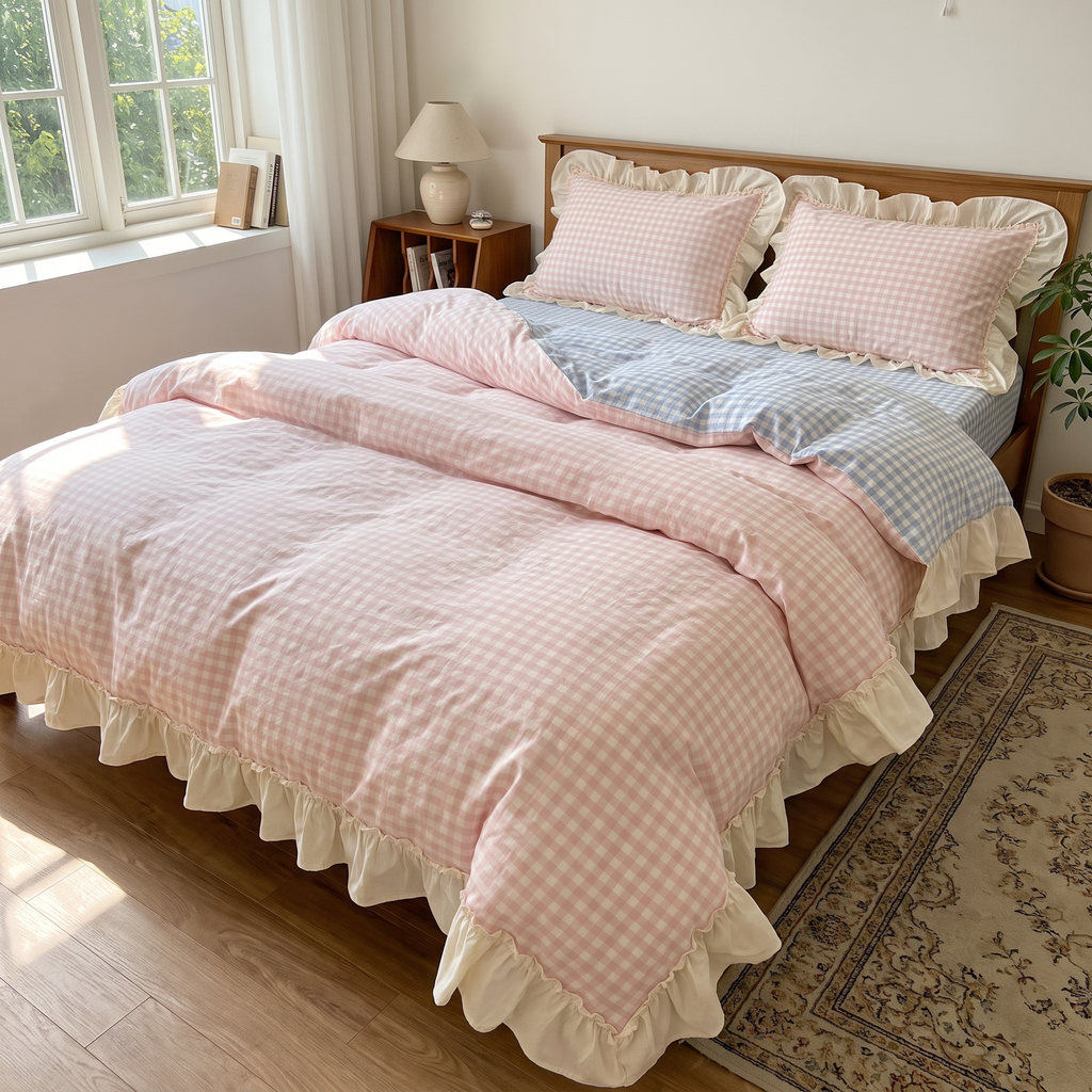Ruffled Gingham Check Duvet Cover Bedding Set - lifestyle