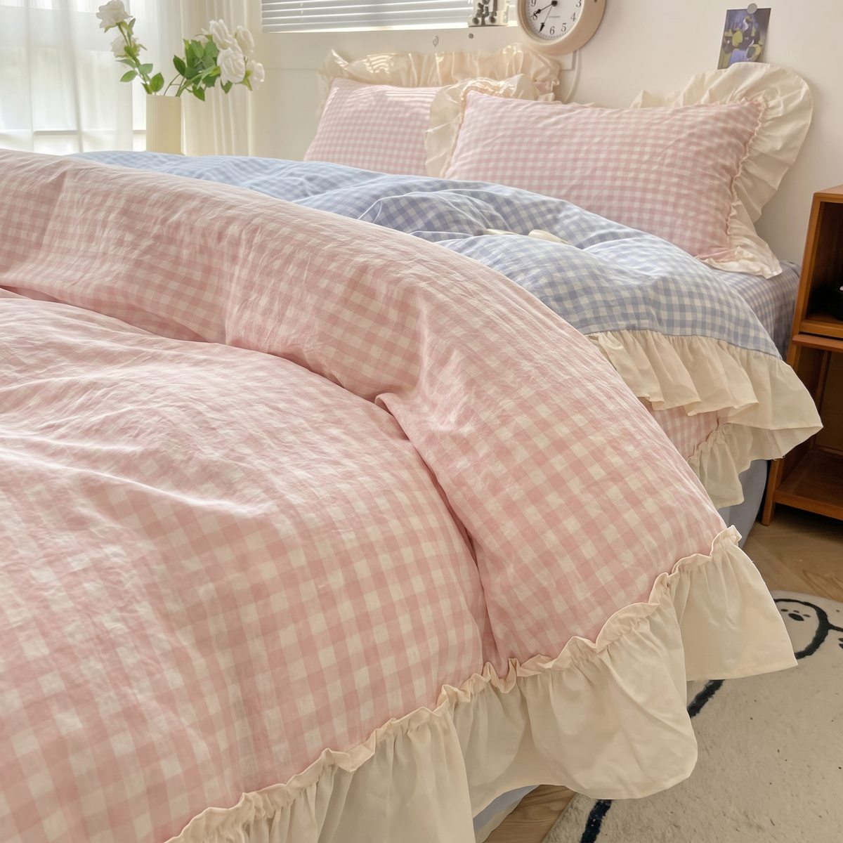 Ruffled Gingham Check Duvet Cover Bedding Set - lifestyle