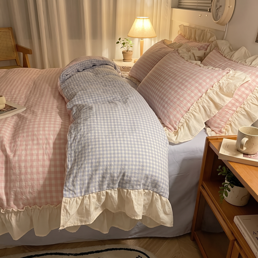 Ruffled Gingham Check Duvet Cover Bedding Set - lifestyle