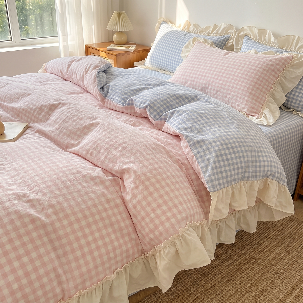 Ruffled Gingham Check Duvet Cover Bedding Set - lifestyle