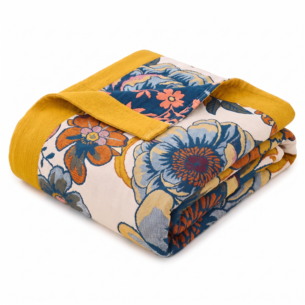 Navy & Mustard Peony Reversible Cotton Blanket