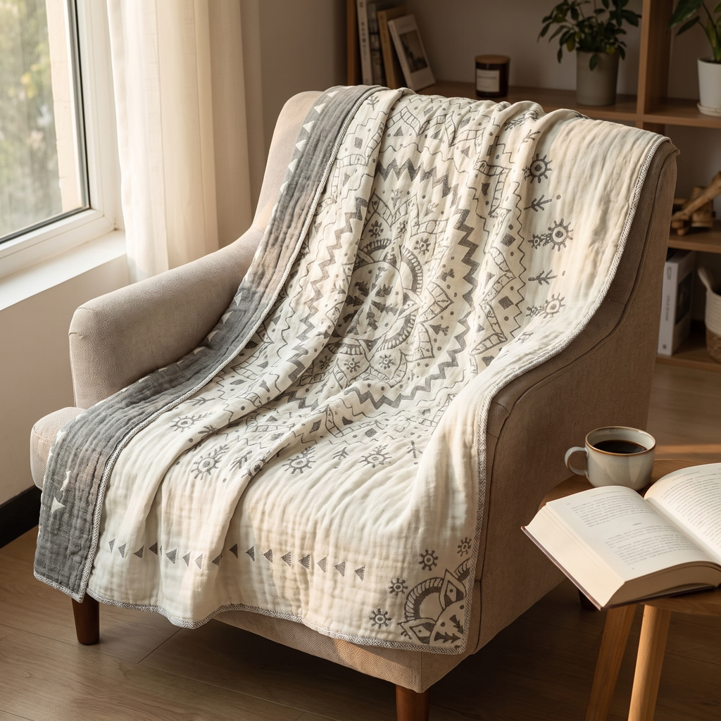 Central Mandala Reversible Cotton Blanket - lifestyle