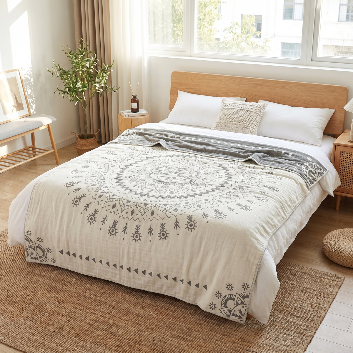 Central Mandala Reversible Cotton Blanket - lifestyle