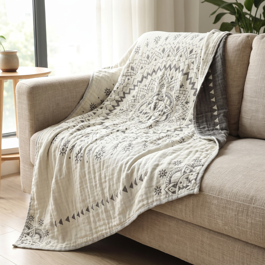 Central Mandala Reversible Cotton Blanket - lifestyle