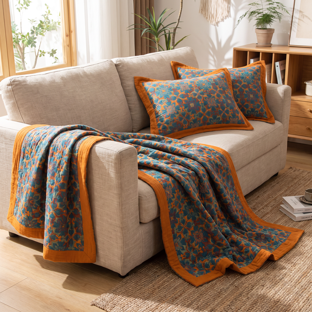 Teal Floral Six-Layer Organic Cotton Blanket - lifestyle