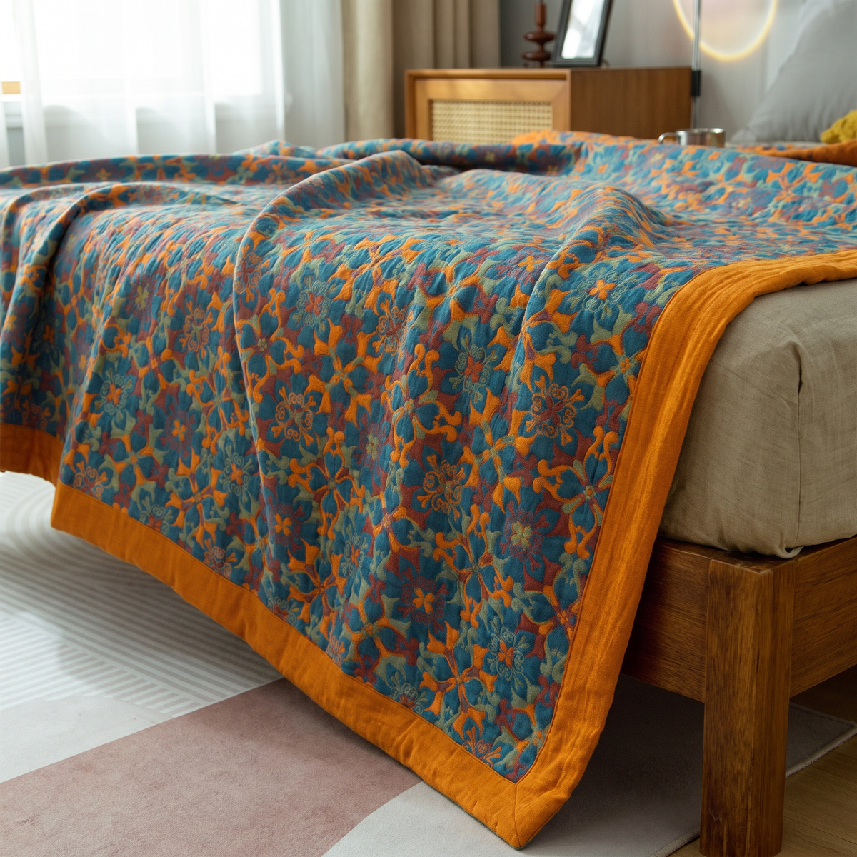 Teal Floral Six-Layer Organic Cotton Blanket - lifestyle