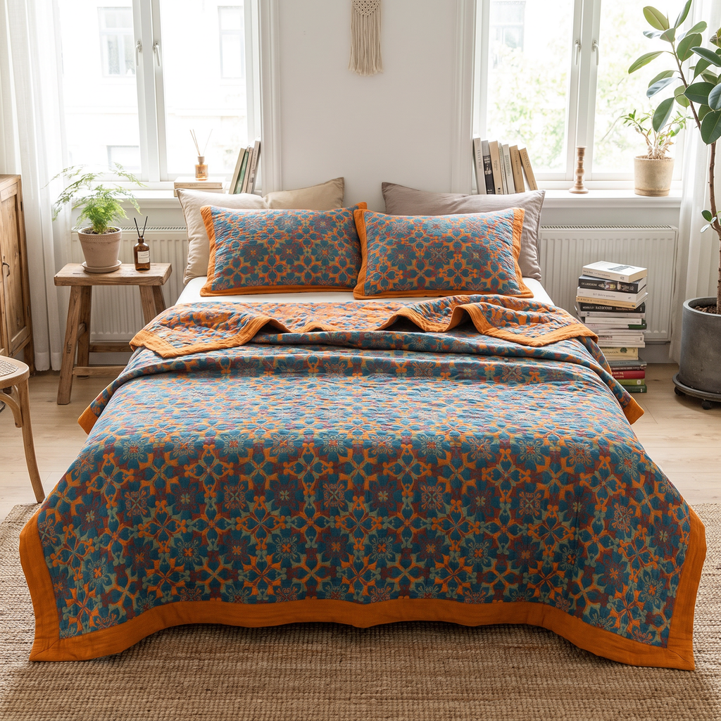 Teal Floral Six-Layer Organic Cotton Blanket - lifestyle