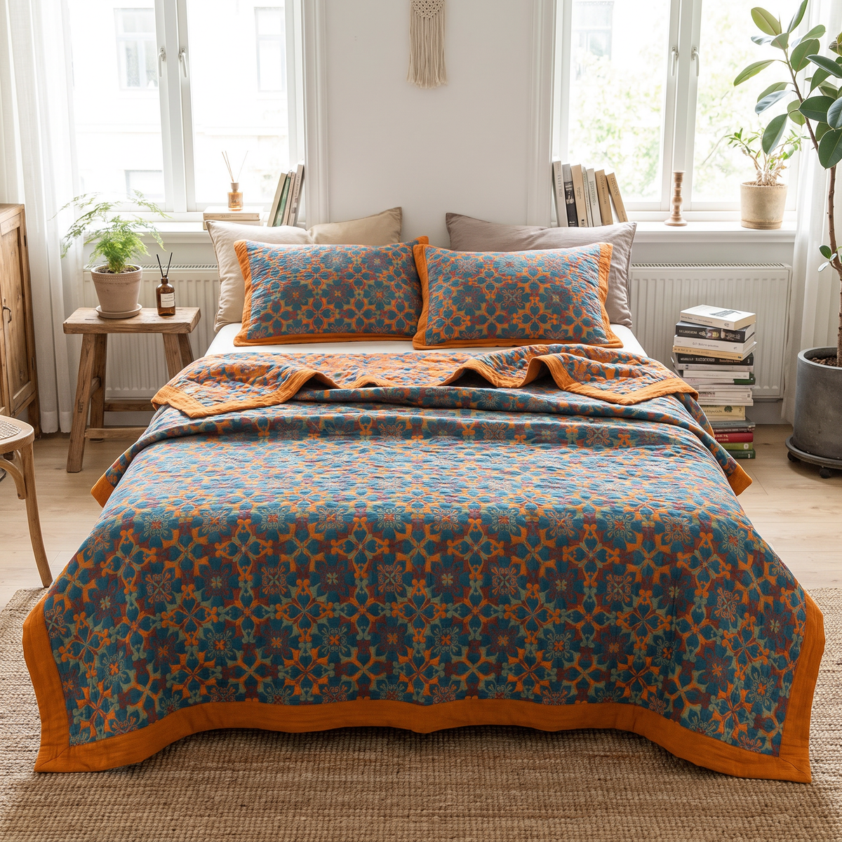 Teal Floral Six-Layer Organic Cotton Blanket - lifestyle