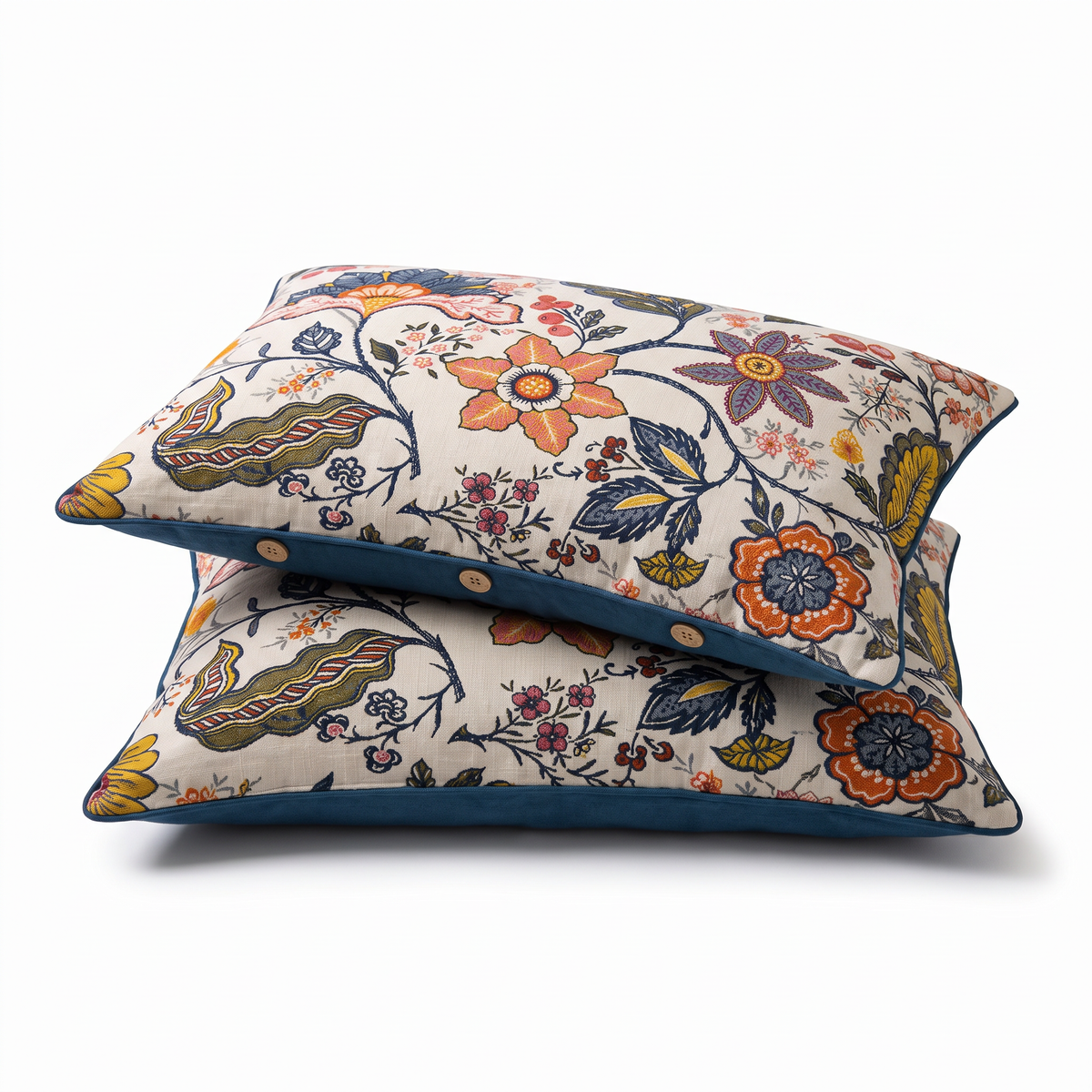 Navy Vine Floral Cotton Pillowcases, Set of 2