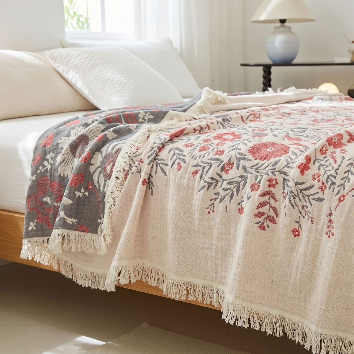 Floral Medallion Reversible Plain-Weave Cotton Blanket - lifestyle