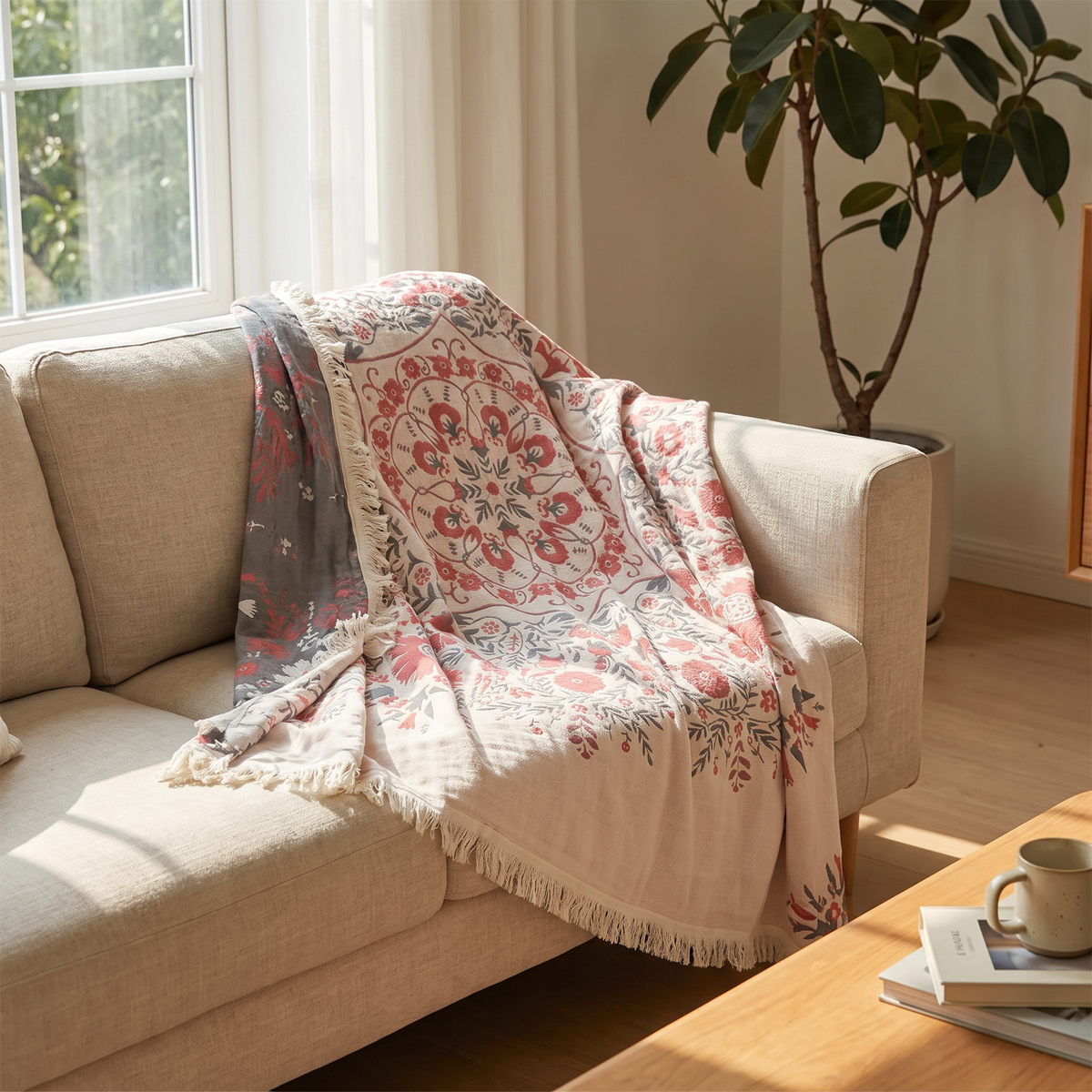 Floral Medallion Reversible Plain-Weave Cotton Blanket - lifestyle