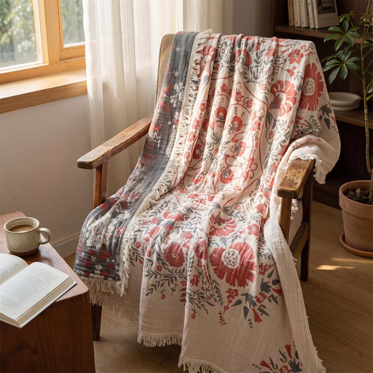 Floral Medallion Reversible Plain-Weave Cotton Blanket - lifestyle