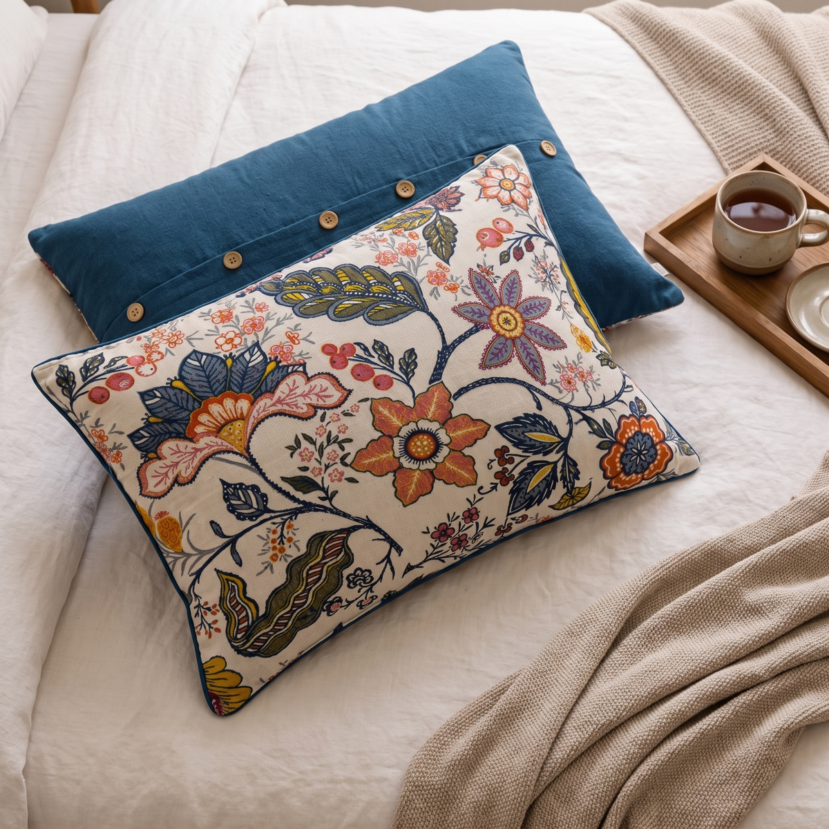 Navy Vine Floral Cotton Pillowcases, Set of 2 - lifestyle