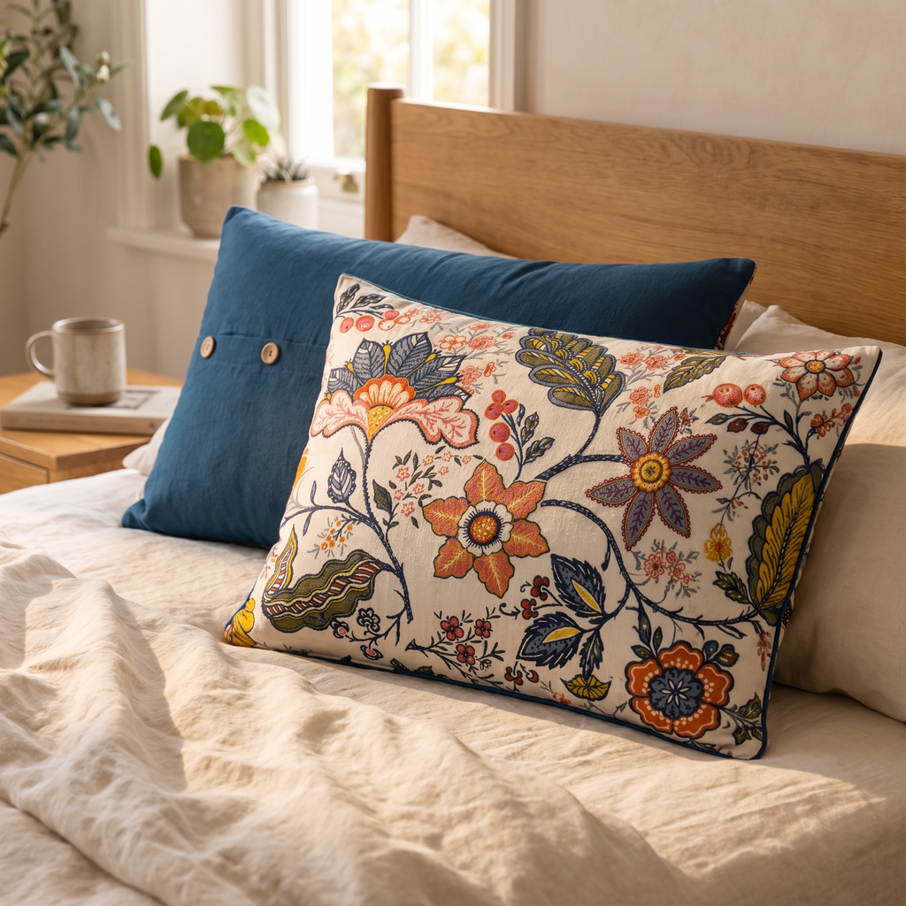 Navy Vine Floral Cotton Pillowcases, Set of 2 - lifestyle