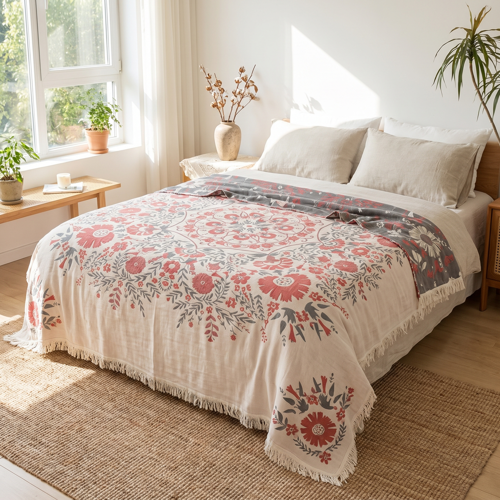 Floral Medallion Reversible Plain-Weave Cotton Blanket - lifestyle