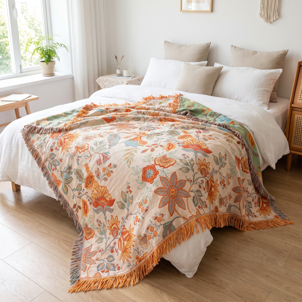 Orange & Blue Boho Floral Cotton Blanket with Fringe - lifestyle