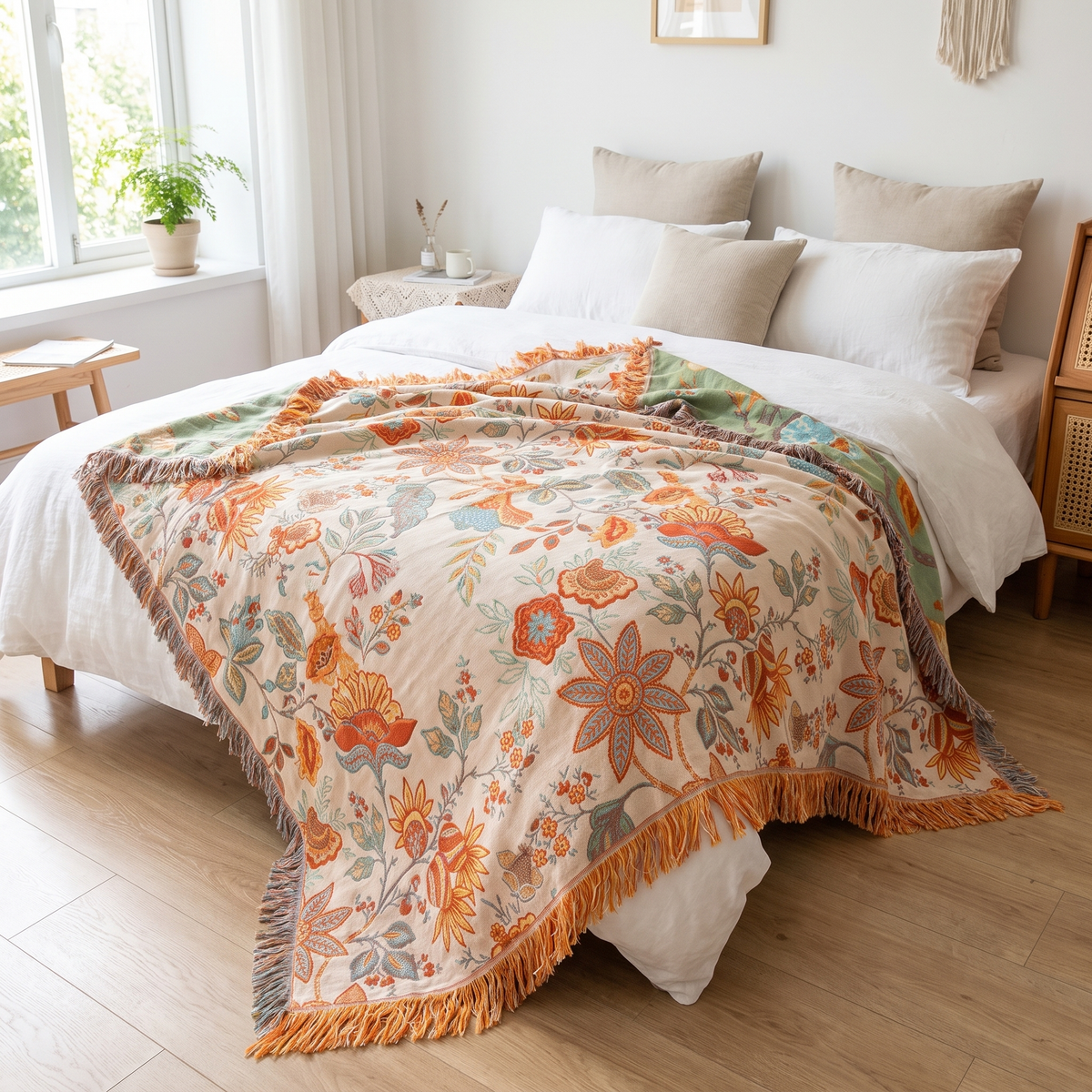 Orange & Blue Boho Floral Cotton Blanket with Fringe - lifestyle