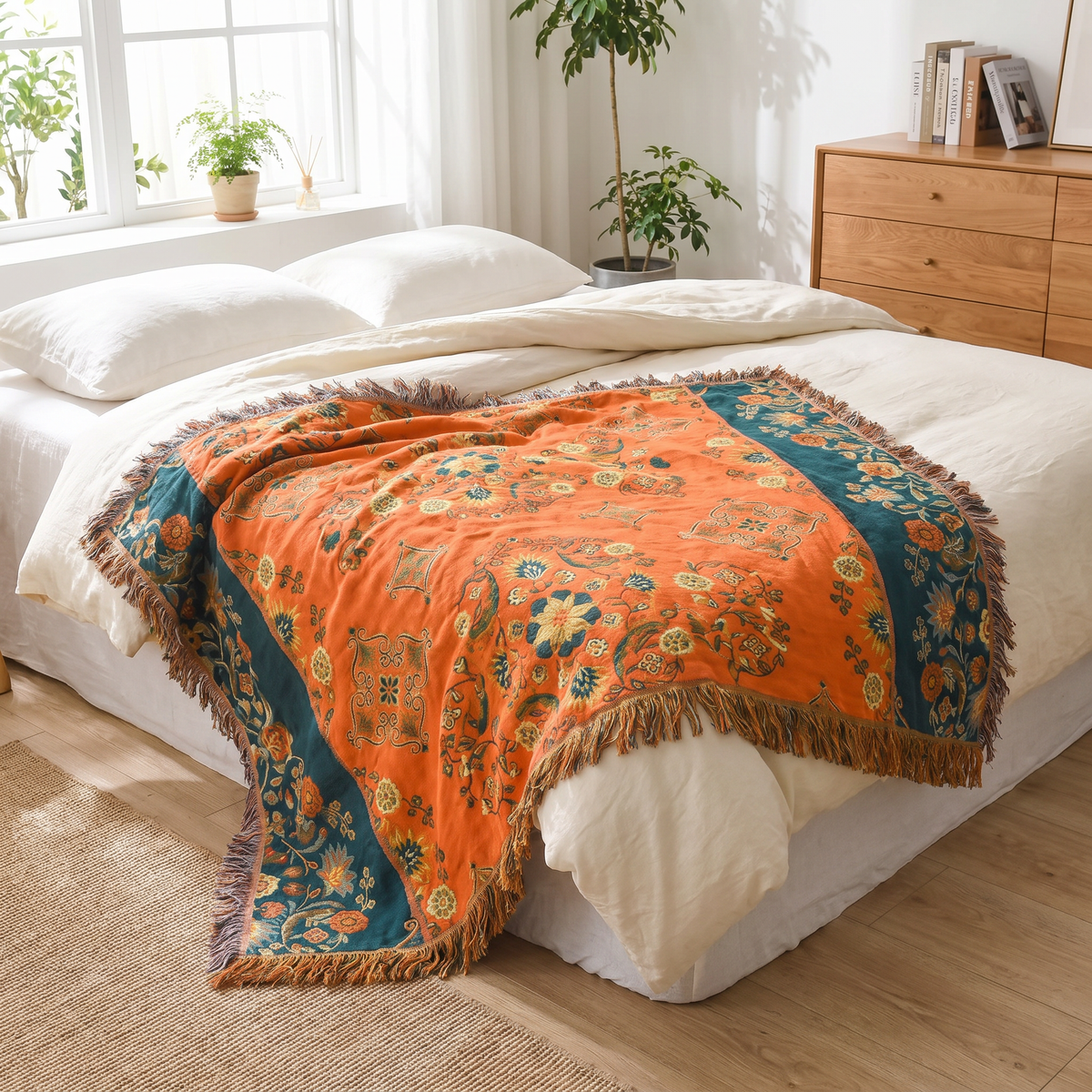 Orange & Teal Reversible Floral Cotton Gauze Throw - lifestyle