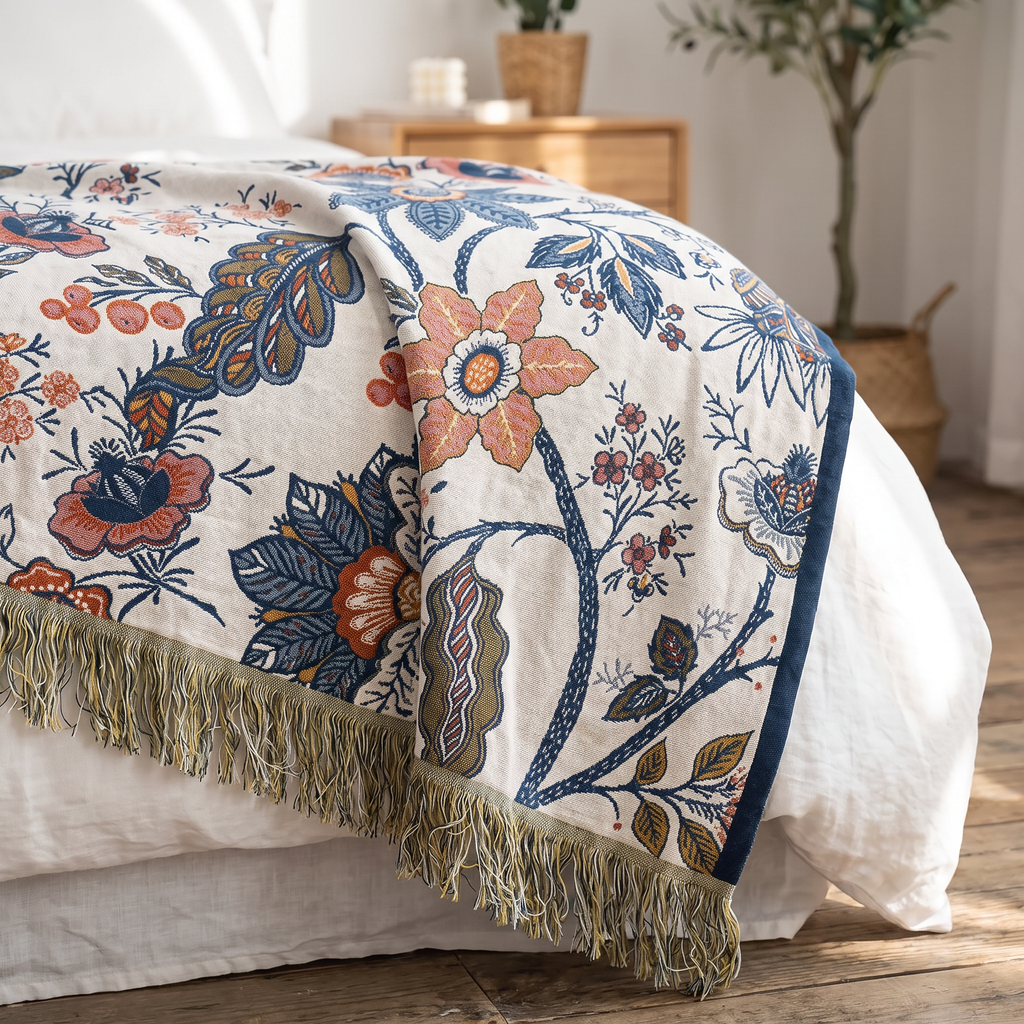 Navy Vine Floral Reversible Jacquard Cotton Throw - lifestyle