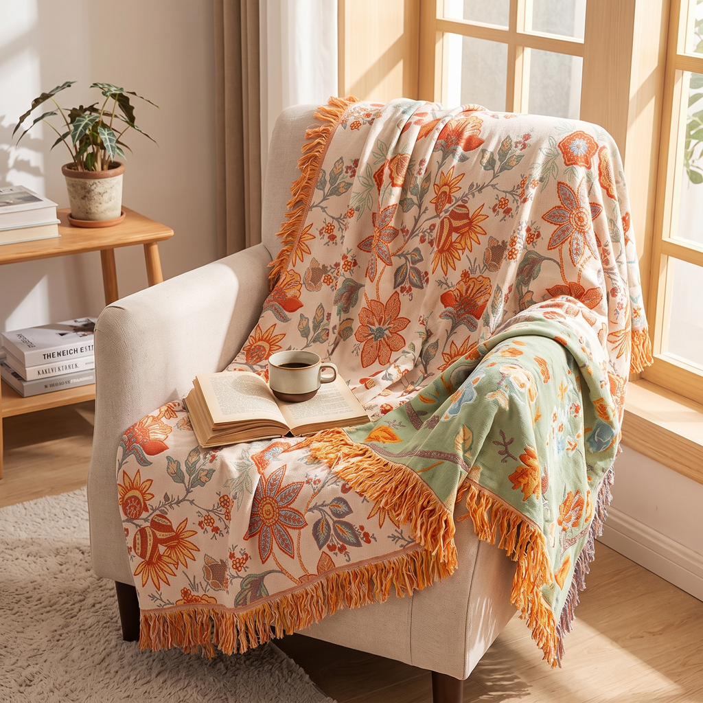 Orange & Blue Boho Floral Cotton Blanket with Fringe - lifestyle