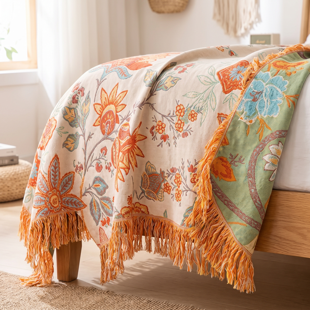 Orange & Blue Boho Floral Cotton Blanket with Fringe - lifestyle