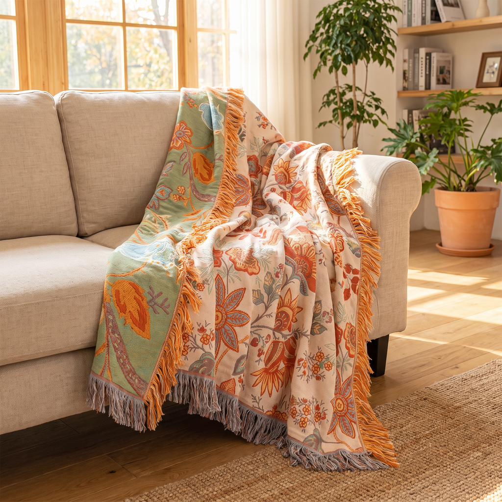 Orange & Blue Boho Floral Cotton Blanket with Fringe - lifestyle