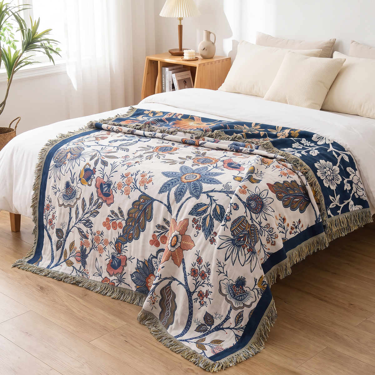 Navy Vine Floral Reversible Jacquard Cotton Throw - lifestyle