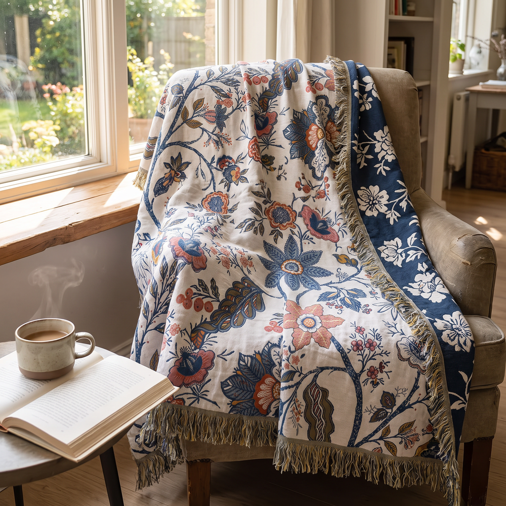 Navy Vine Floral Reversible Jacquard Cotton Throw - lifestyle