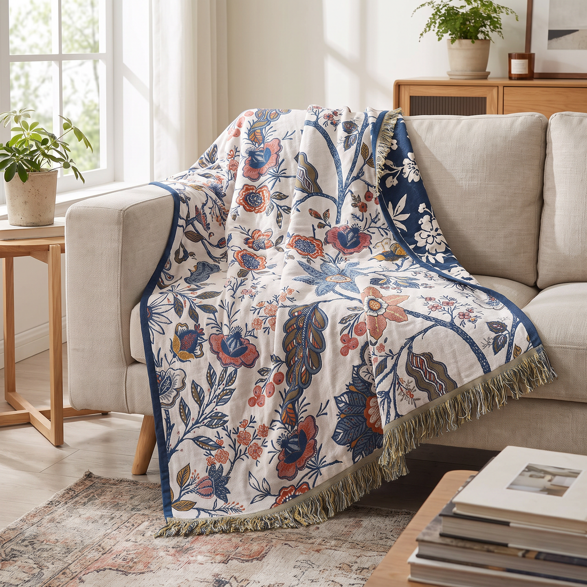 Navy Vine Floral Reversible Jacquard Cotton Throw - lifestyle