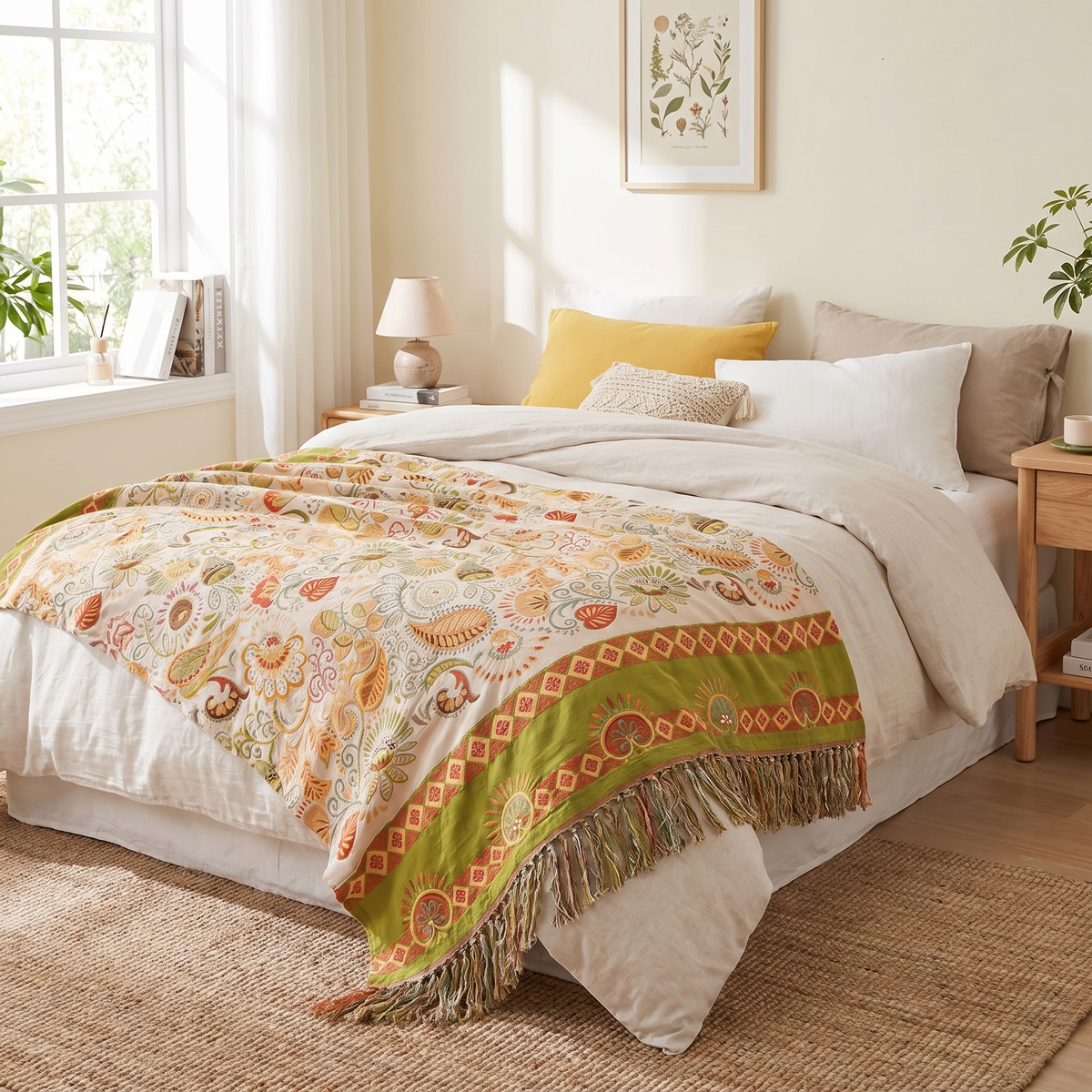 Boho Paisley Leaf Reversible Cotton Gauze Blanket with Tassels - lifestyle