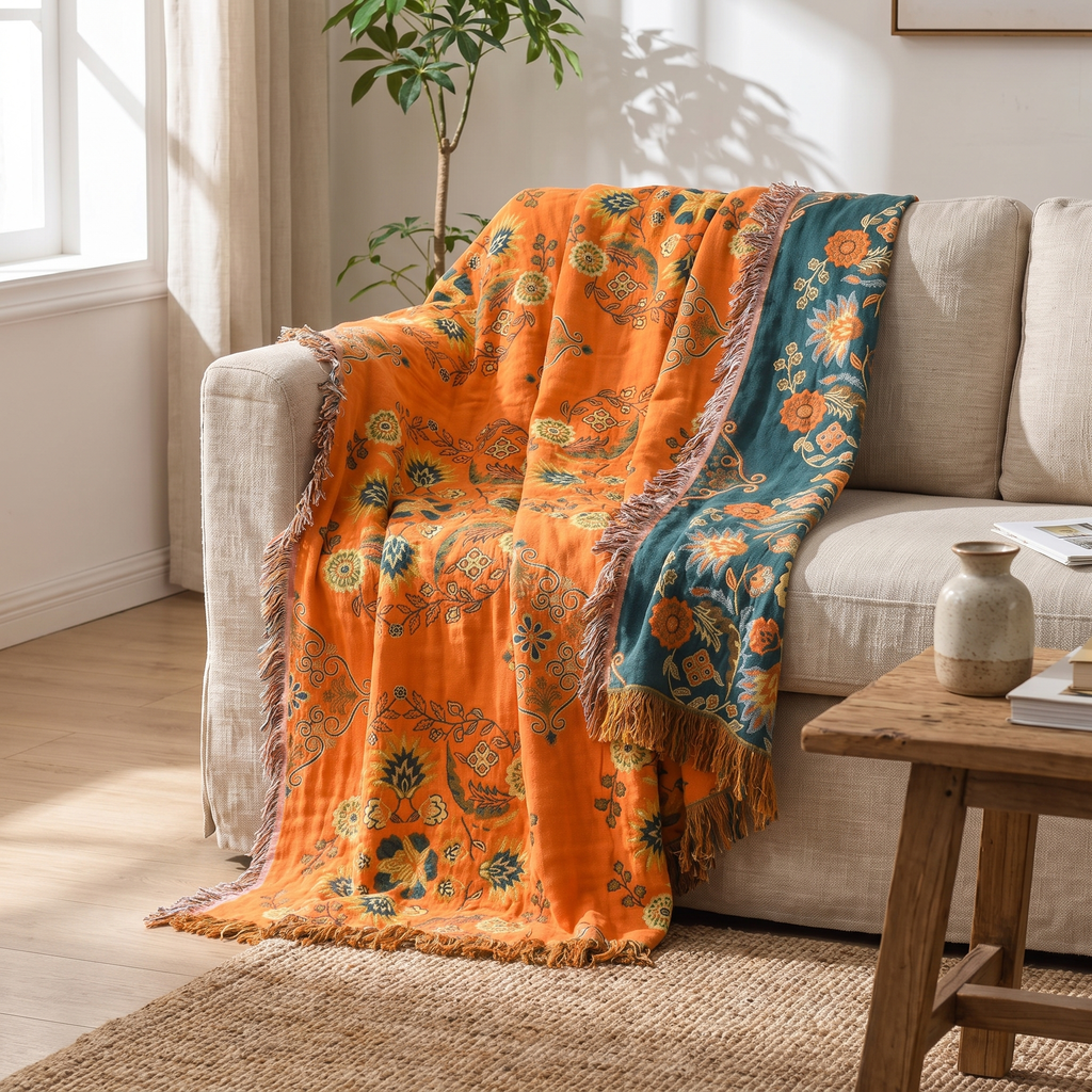Orange & Teal Reversible Floral Cotton Gauze Throw - lifestyle