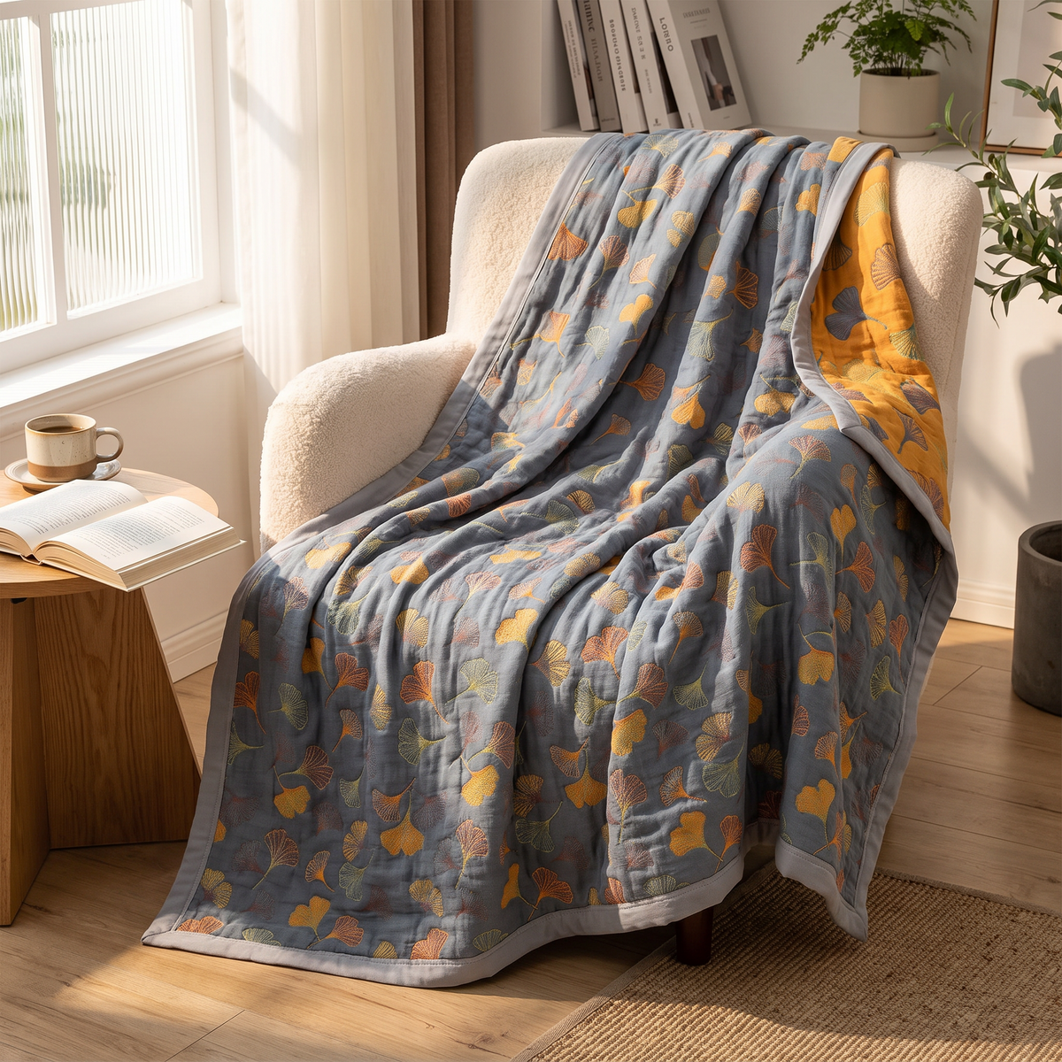Blue & Mustard Ginkgo Leaf Reversible Cotton Throw - lifestyle