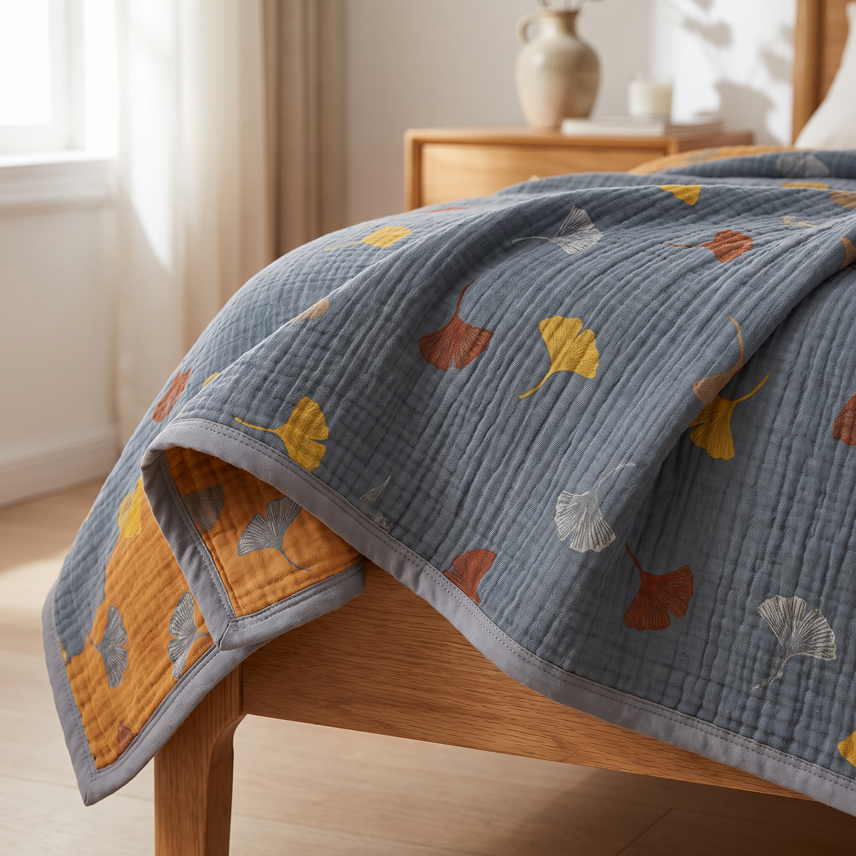 Blue & Mustard Ginkgo Leaf Reversible Cotton Throw - lifestyle