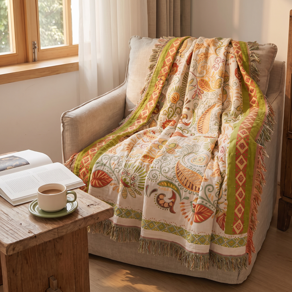 Boho Paisley Leaf Reversible Cotton Gauze Blanket with Tassels - lifestyle