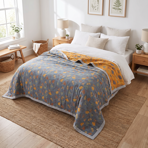 Blue & Mustard Ginkgo Leaf Reversible Cotton Throw - lifestyle