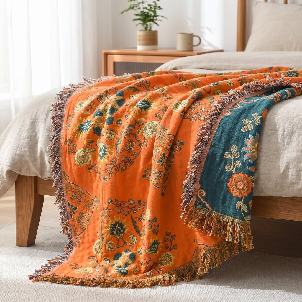 Orange & Teal Reversible Floral Cotton Gauze Throw - lifestyle