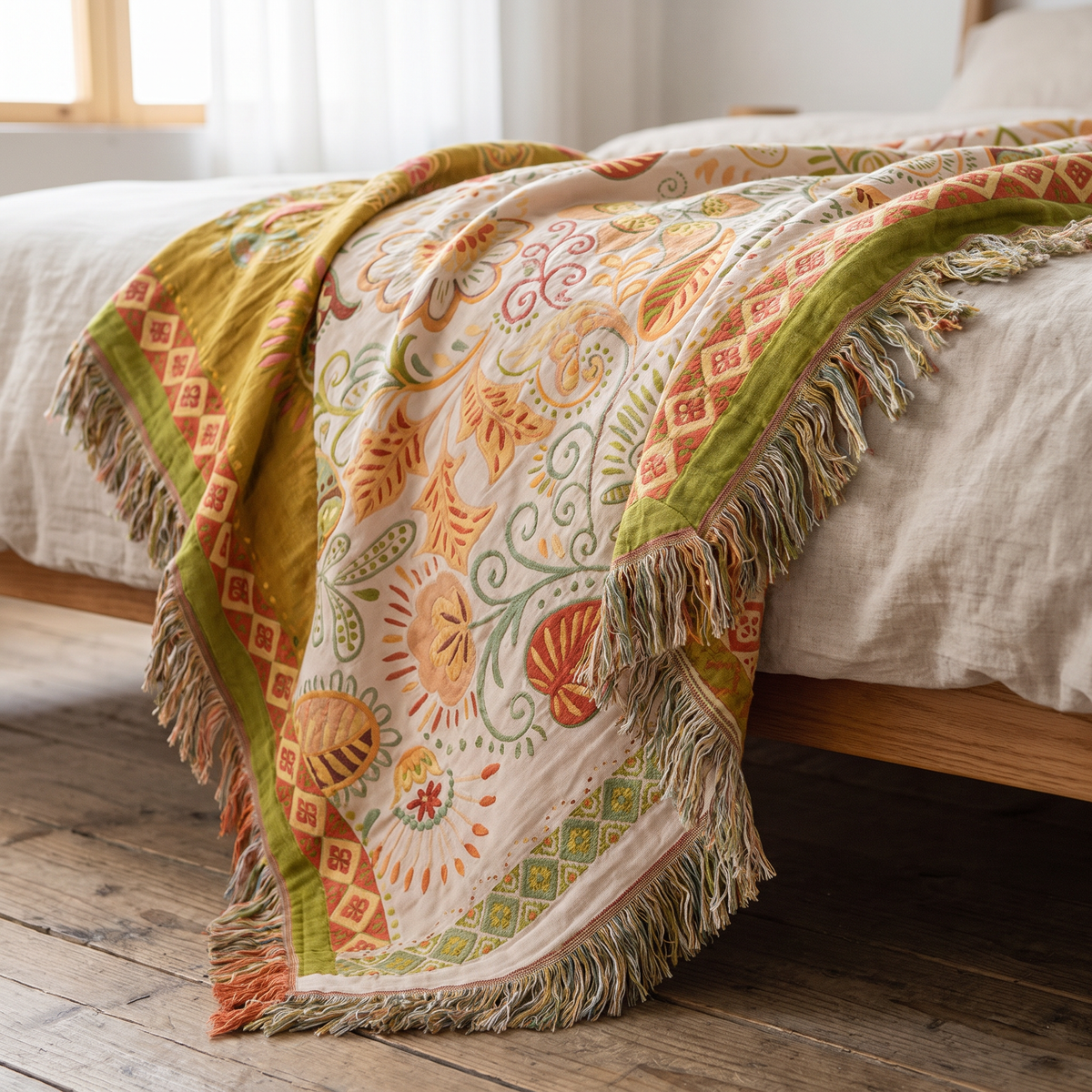 Boho Paisley Leaf Reversible Cotton Gauze Blanket with Tassels - lifestyle