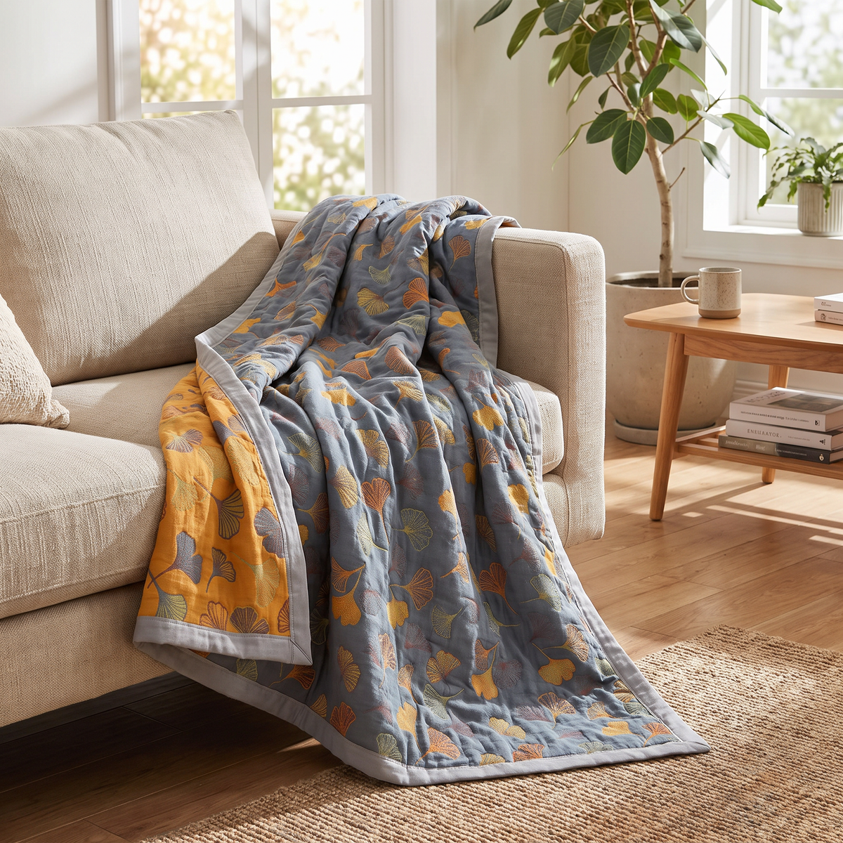 Blue & Mustard Ginkgo Leaf Reversible Cotton Throw - lifestyle