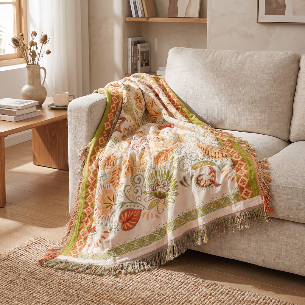 Boho Paisley Leaf Reversible Cotton Gauze Blanket with Tassels - lifestyle