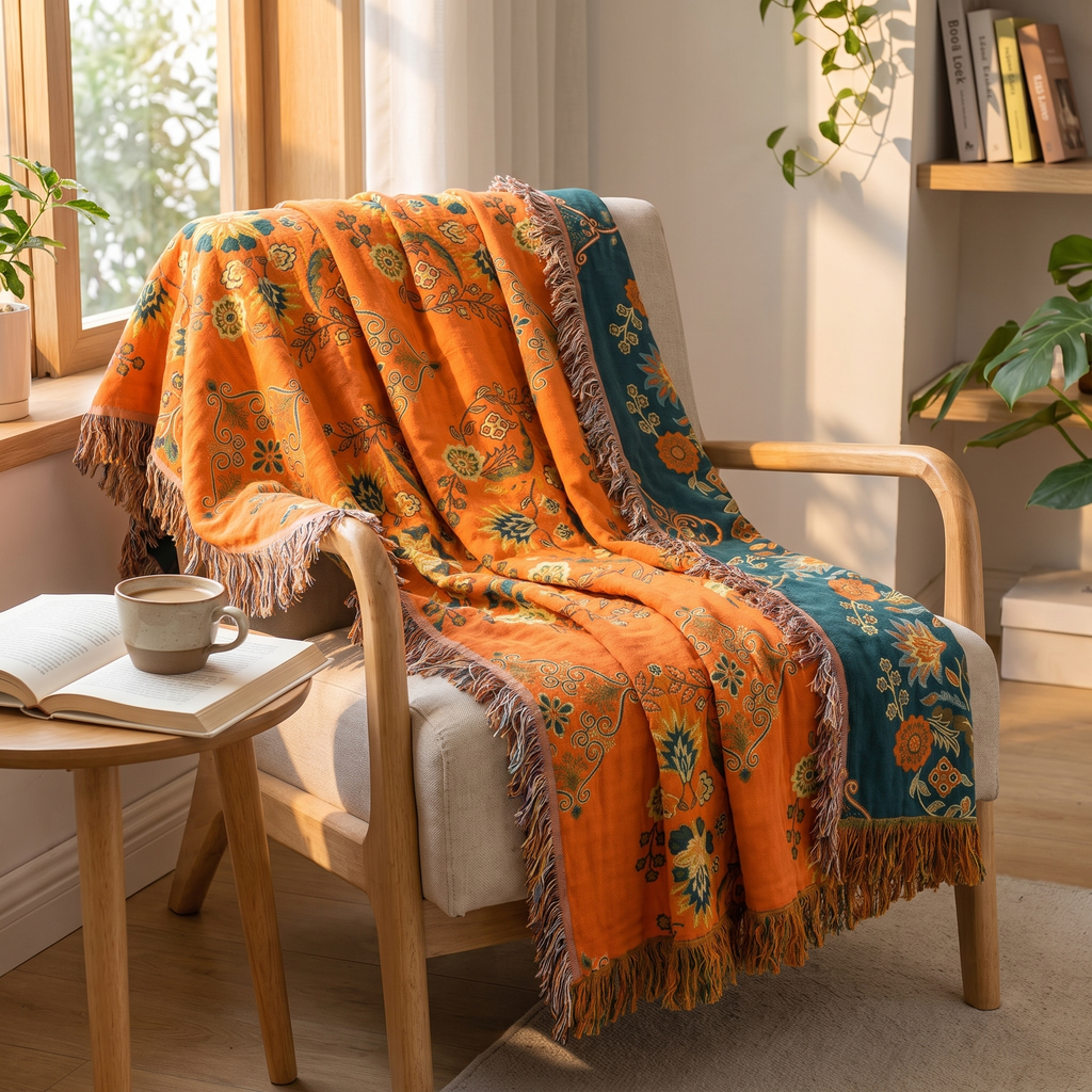 Orange & Teal Reversible Floral Cotton Gauze Throw - lifestyle