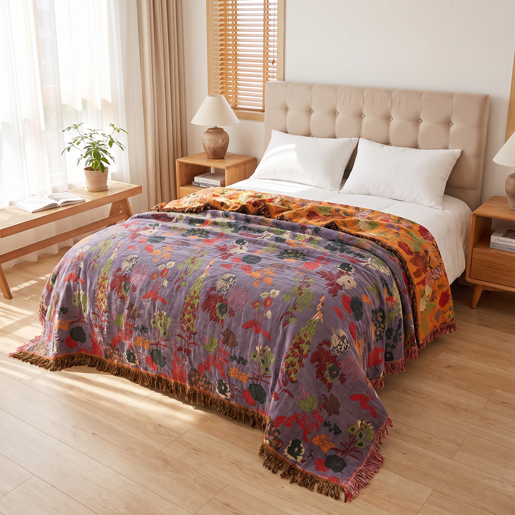 Folk Floral Reversible Jacquard Cotton Blanket with Tassels - lifestyle