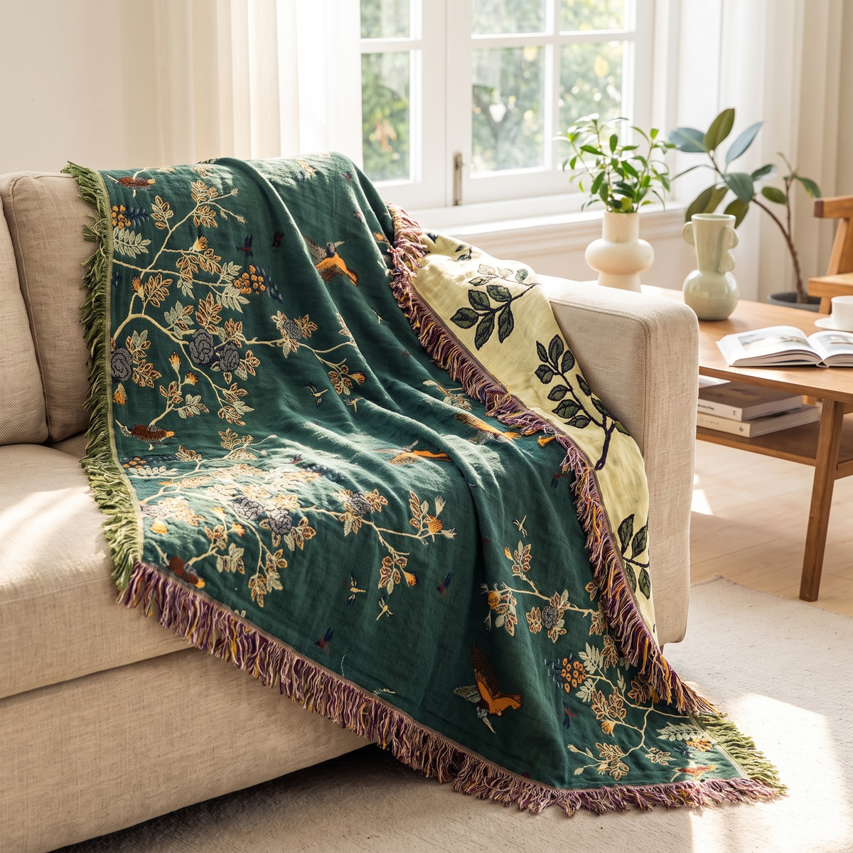 Botanical Branch Multi-Layer Cotton Gauze Jacquard Blanket - lifestyle
