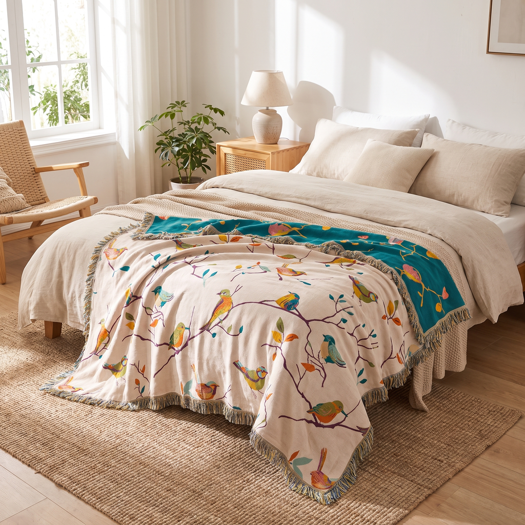Perched Birds Cotton Blanket with Tassels - lifestyle