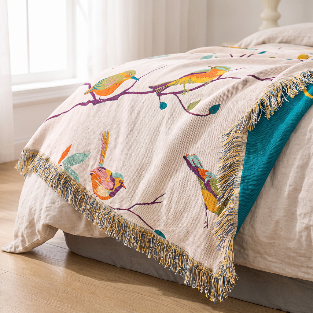 Perched Birds Cotton Blanket with Tassels - lifestyle