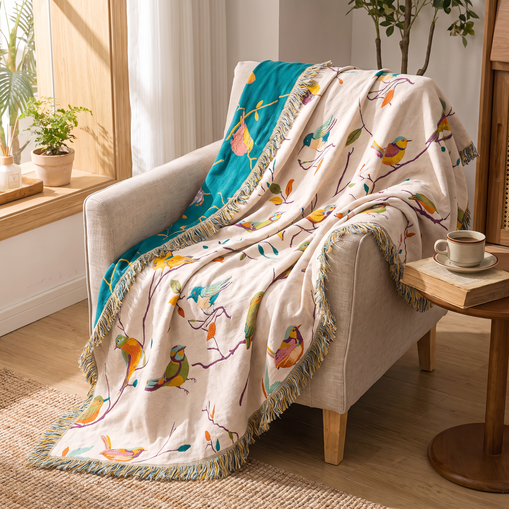 Perched Birds Cotton Blanket with Tassels - lifestyle