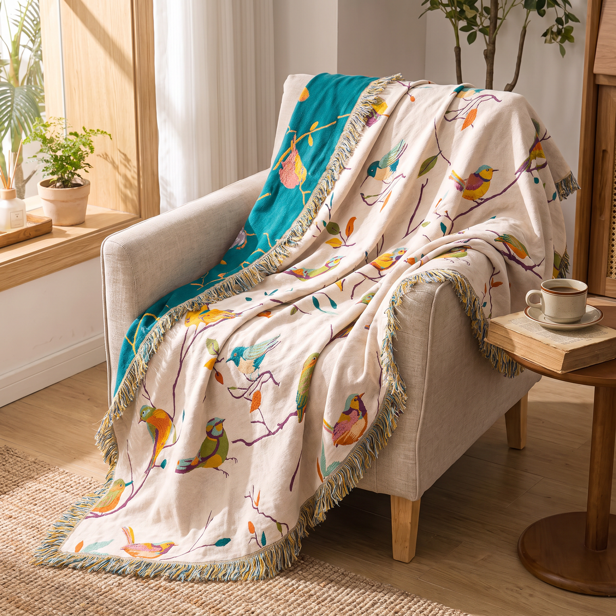 Perched Birds Cotton Blanket with Tassels - lifestyle