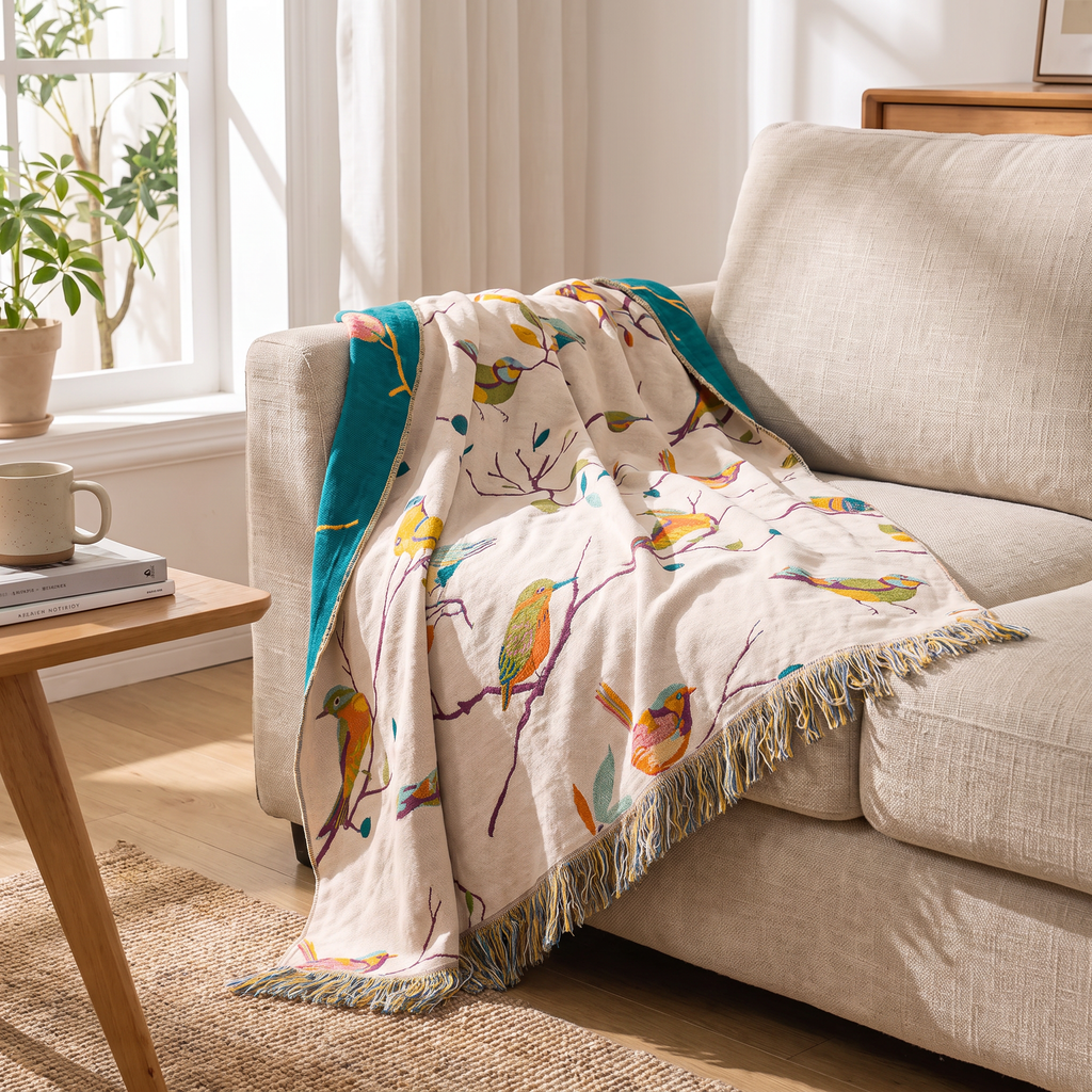 Perched Birds Cotton Blanket with Tassels - lifestyle