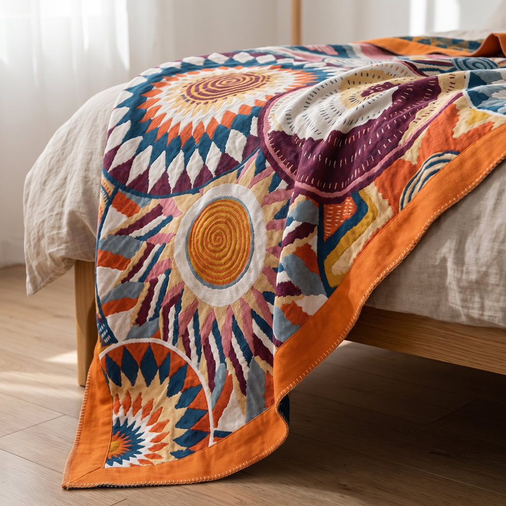 Retro Sunburst Circle Cotton Blanket - lifestyle