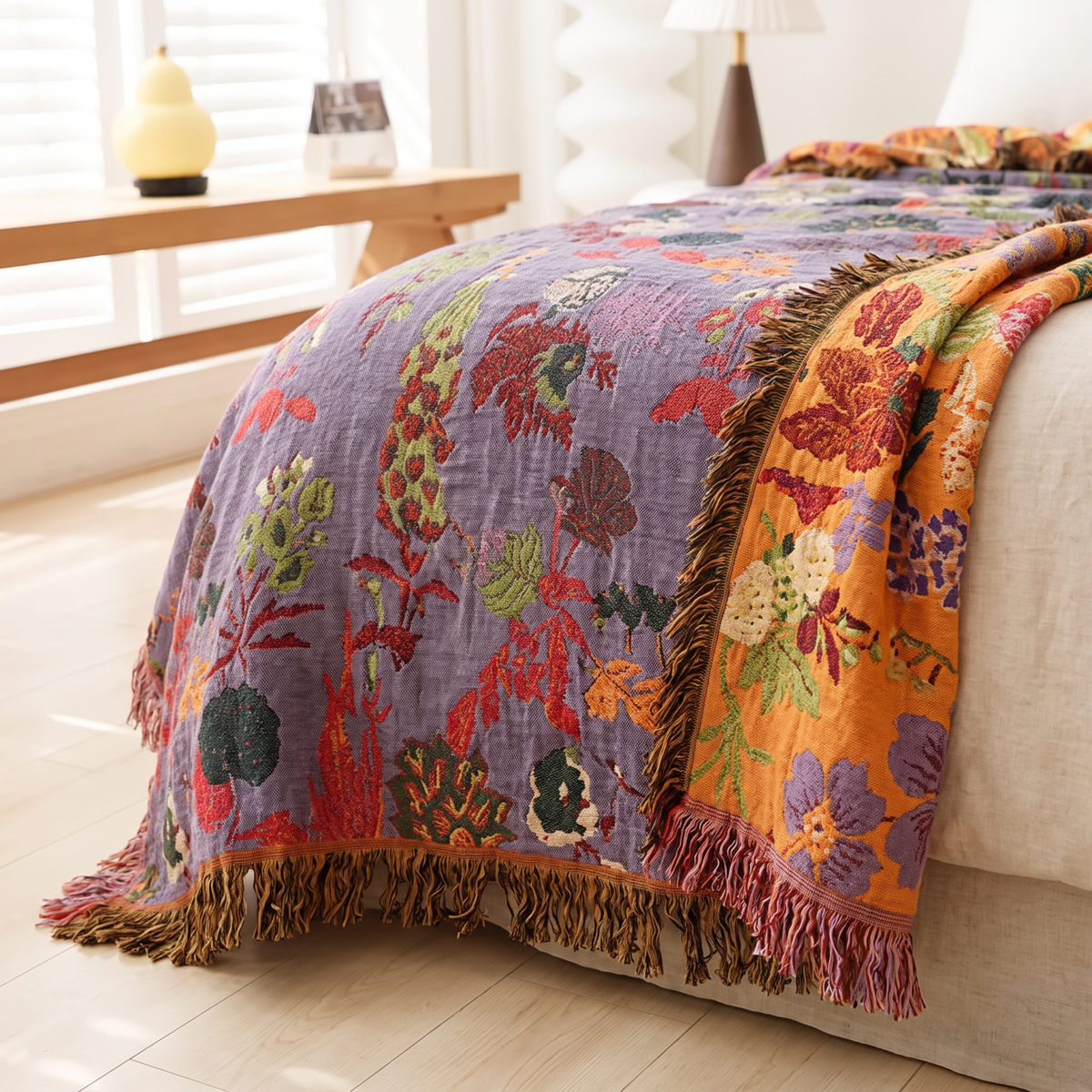Folk Floral Reversible Jacquard Cotton Blanket with Tassels - lifestyle