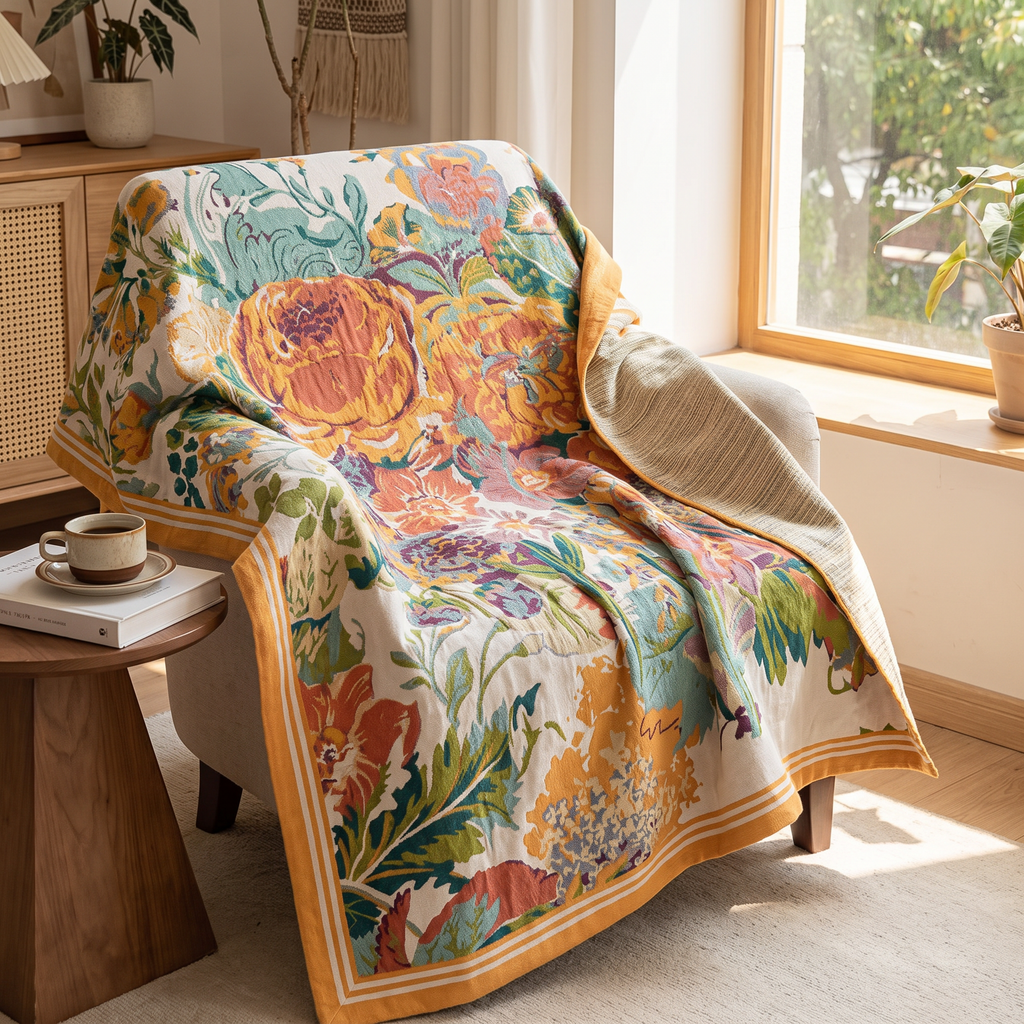 Mid-Century Bouquet Reversible Jacquard Blanket with Wide Border - lifestyle
